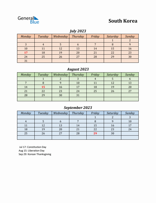 Q3 2023 Holiday Calendar - South Korea