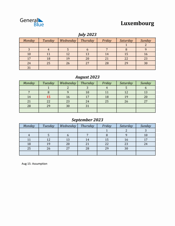 Q3 2023 Holiday Calendar - Luxembourg