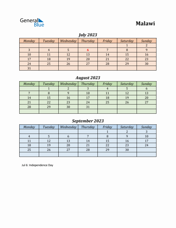 Q3 2023 Holiday Calendar - Malawi