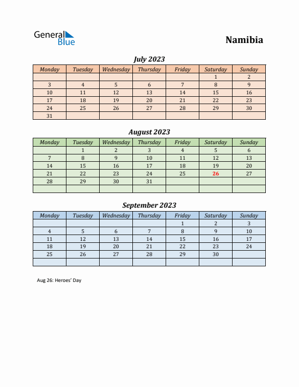 Q3 2023 Holiday Calendar - Namibia