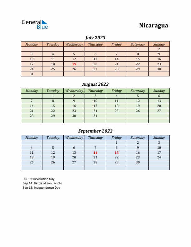 Q3 2023 Holiday Calendar - Nicaragua