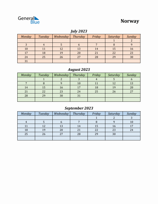 Q3 2023 Holiday Calendar - Norway