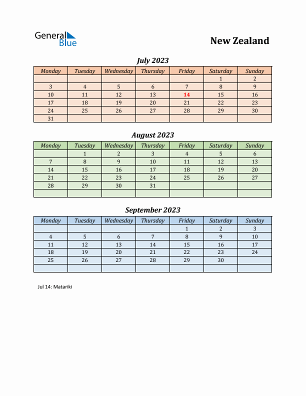 Q3 2023 Holiday Calendar - New Zealand