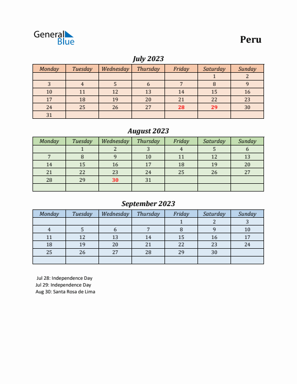 Q3 2023 Holiday Calendar - Peru