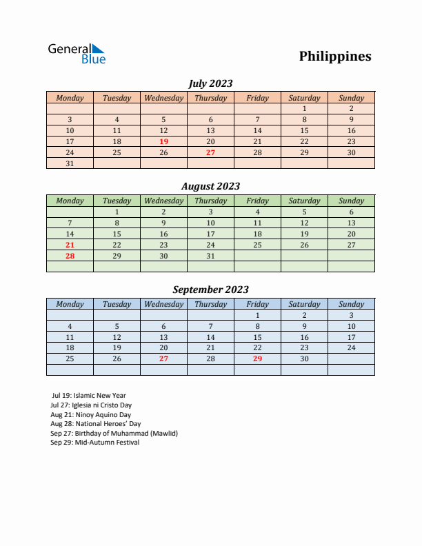 Q3 2023 Holiday Calendar - Philippines