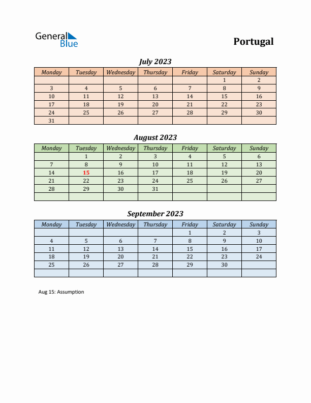 Q3 2023 Holiday Calendar - Portugal