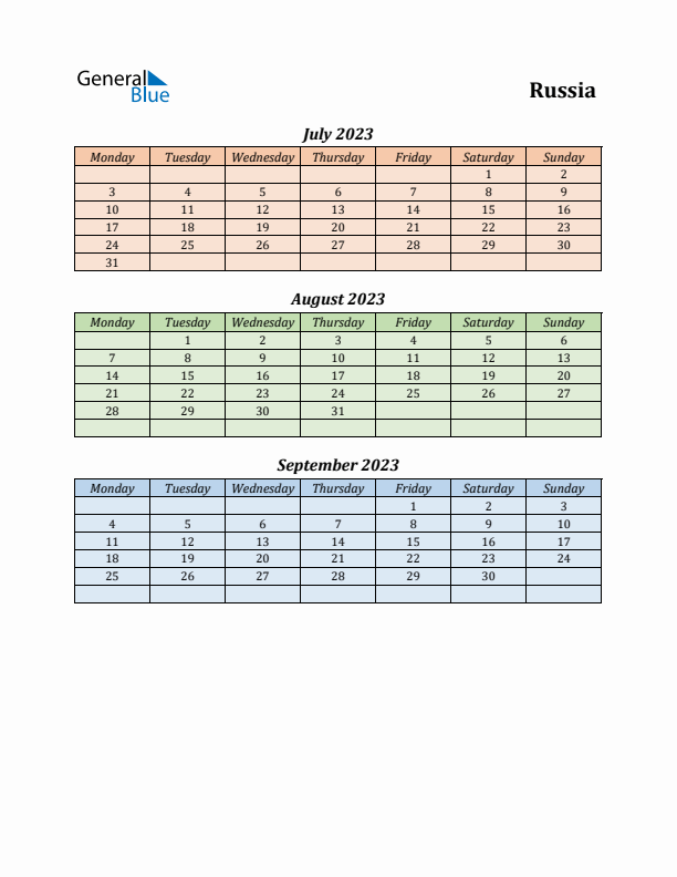 Q3 2023 Holiday Calendar - Russia