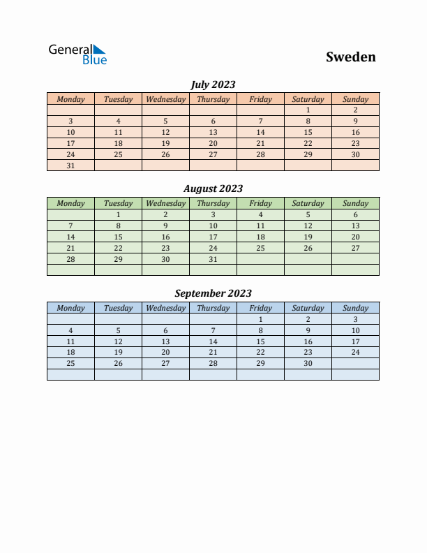 Q3 2023 Holiday Calendar - Sweden