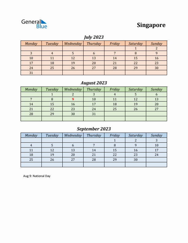 Q3 2023 Holiday Calendar - Singapore