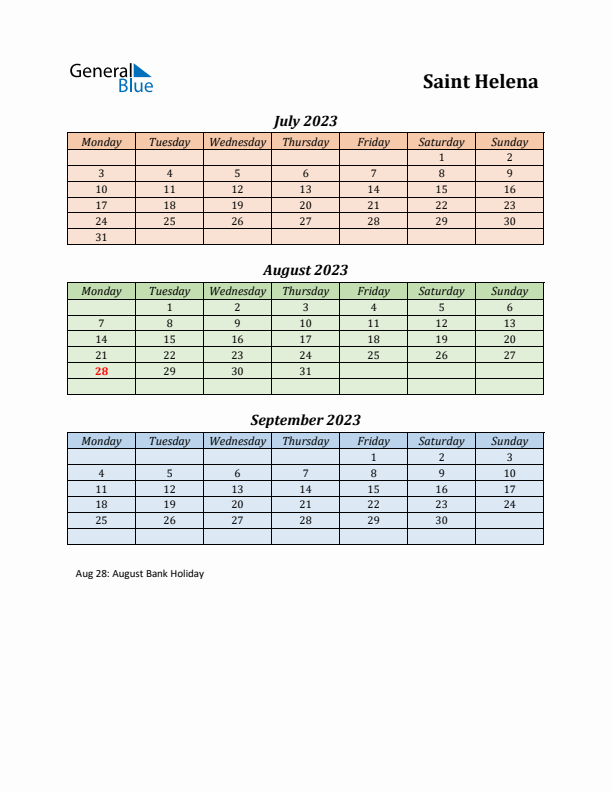 Q3 2023 Holiday Calendar - Saint Helena