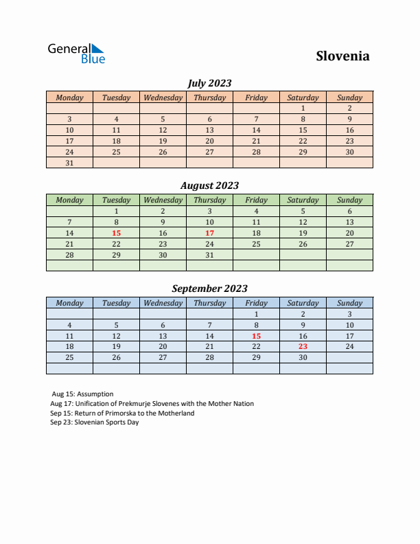 Q3 2023 Holiday Calendar - Slovenia