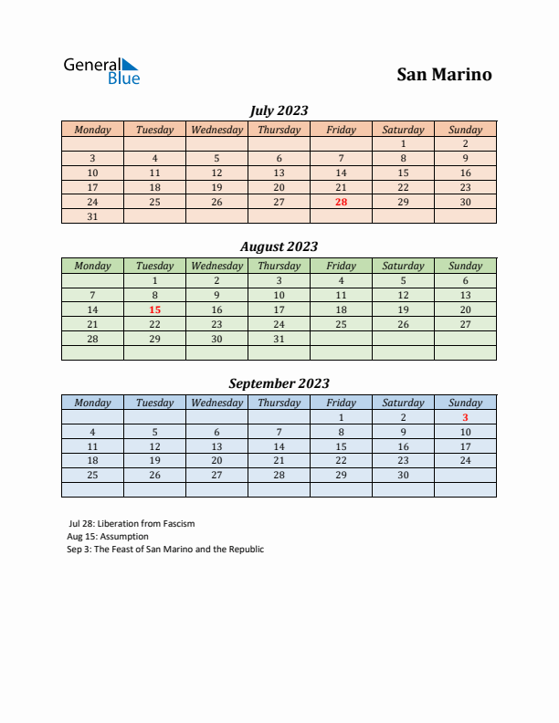 Q3 2023 Holiday Calendar - San Marino