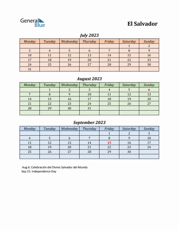 Q3 2023 Holiday Calendar - El Salvador