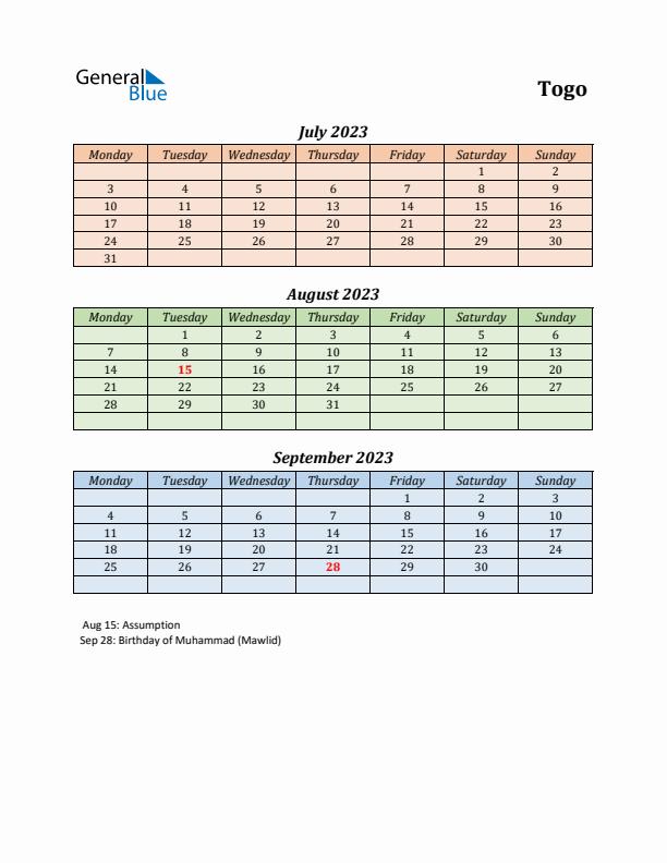 Q3 2023 Holiday Calendar - Togo