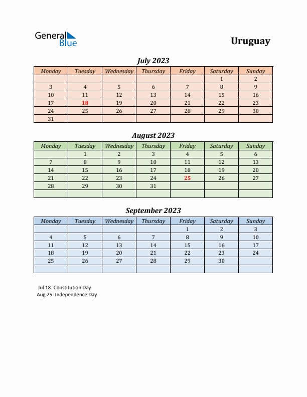 Q3 2023 Holiday Calendar - Uruguay