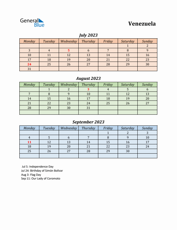 Q3 2023 Holiday Calendar - Venezuela