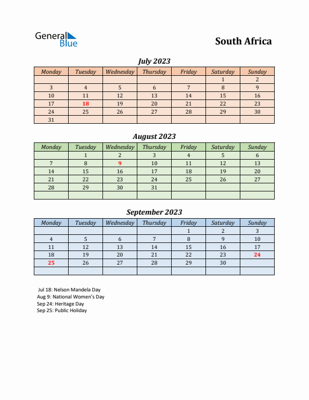 Q3 2023 Holiday Calendar - South Africa