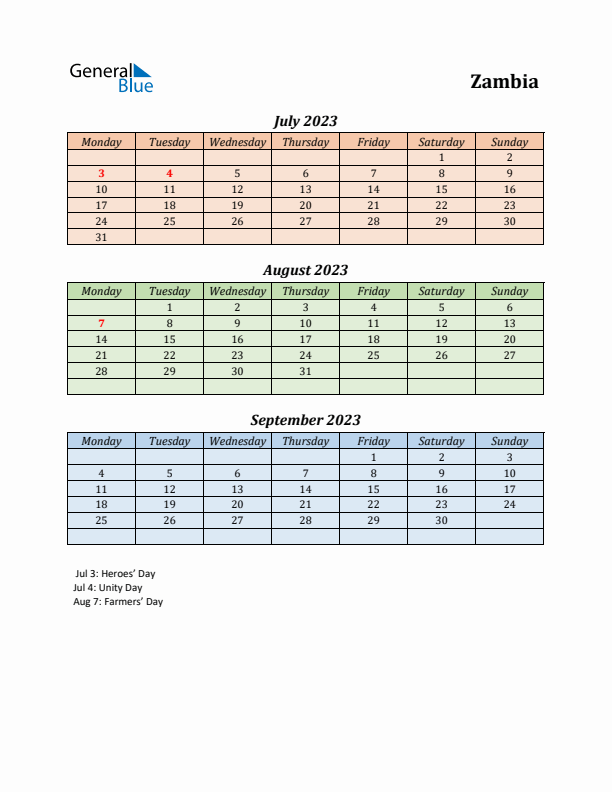 Q3 2023 Holiday Calendar - Zambia