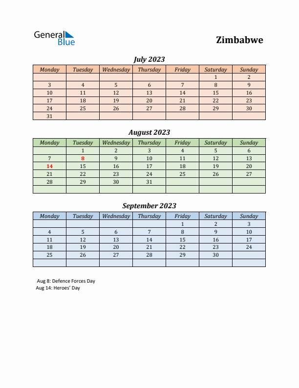 Q3 2023 Holiday Calendar - Zimbabwe