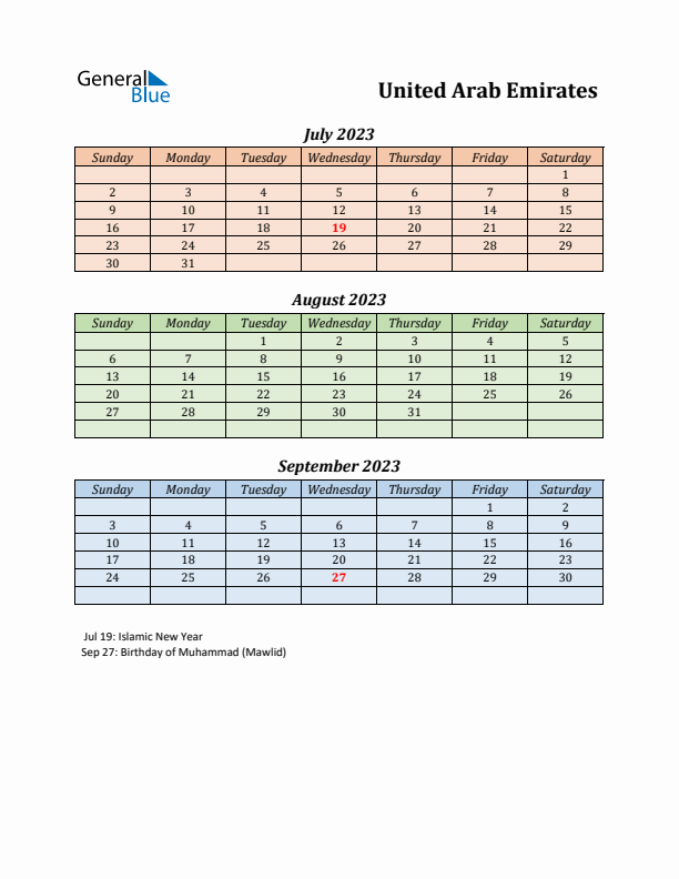 Q3 2023 Holiday Calendar - United Arab Emirates