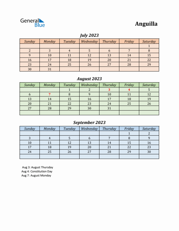 Q3 2023 Holiday Calendar - Anguilla