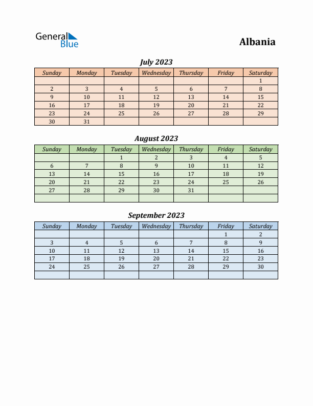 Q3 2023 Holiday Calendar - Albania