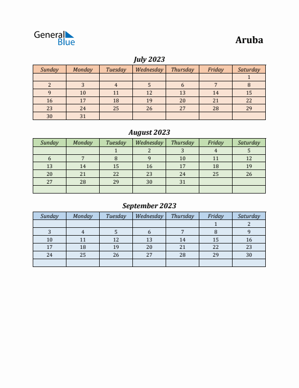 Q3 2023 Holiday Calendar - Aruba