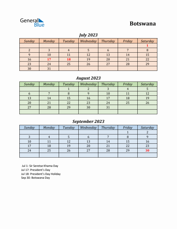 Q3 2023 Holiday Calendar - Botswana