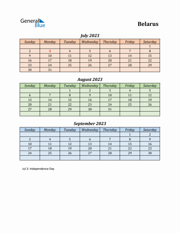 Q3 2023 Holiday Calendar - Belarus