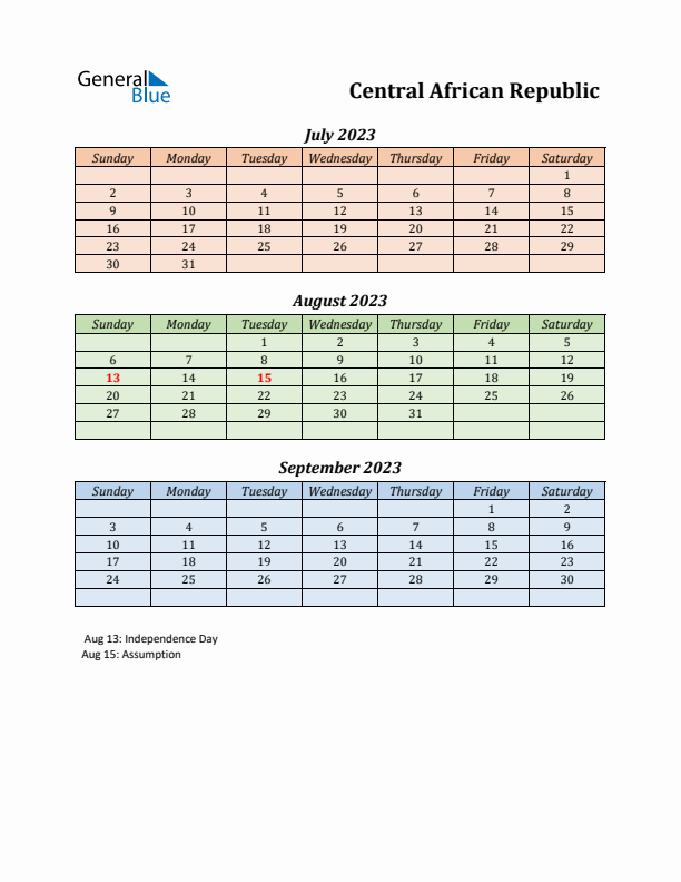 Q3 2023 Holiday Calendar - Central African Republic