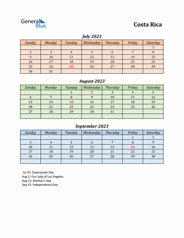 Q3 2023 Holiday Calendar - Costa Rica