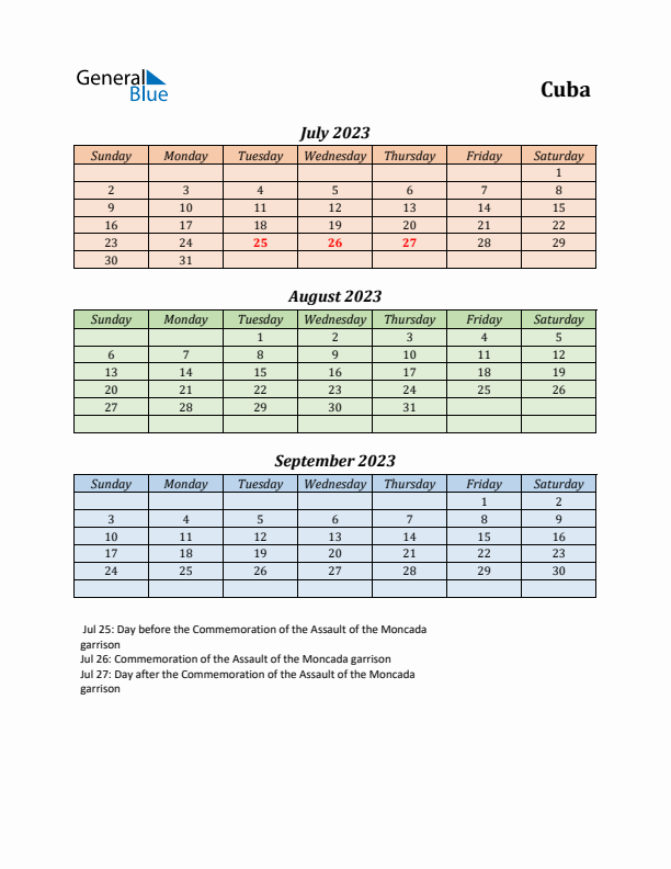 Q3 2023 Holiday Calendar - Cuba