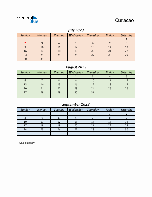 Q3 2023 Holiday Calendar - Curacao