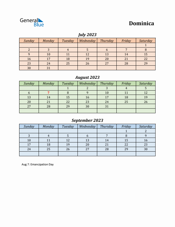 Q3 2023 Holiday Calendar - Dominica