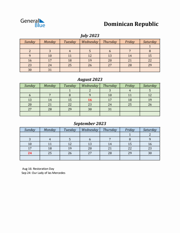 Q3 2023 Holiday Calendar - Dominican Republic