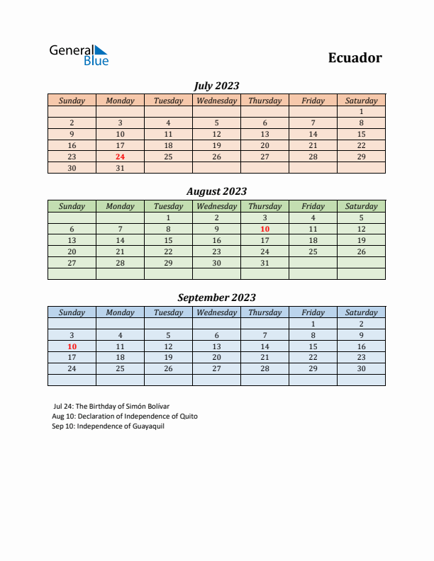 Q3 2023 Holiday Calendar - Ecuador