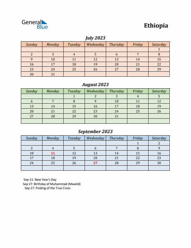 Q3 2023 Holiday Calendar - Ethiopia