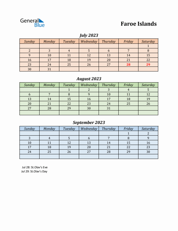 Q3 2023 Holiday Calendar - Faroe Islands