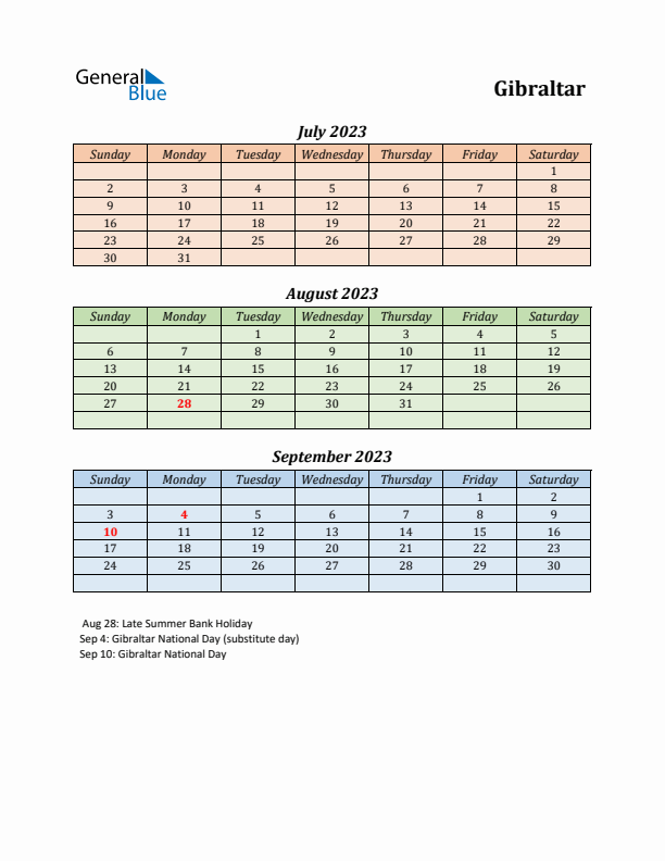 Q3 2023 Holiday Calendar - Gibraltar