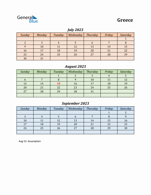 Q3 2023 Holiday Calendar - Greece