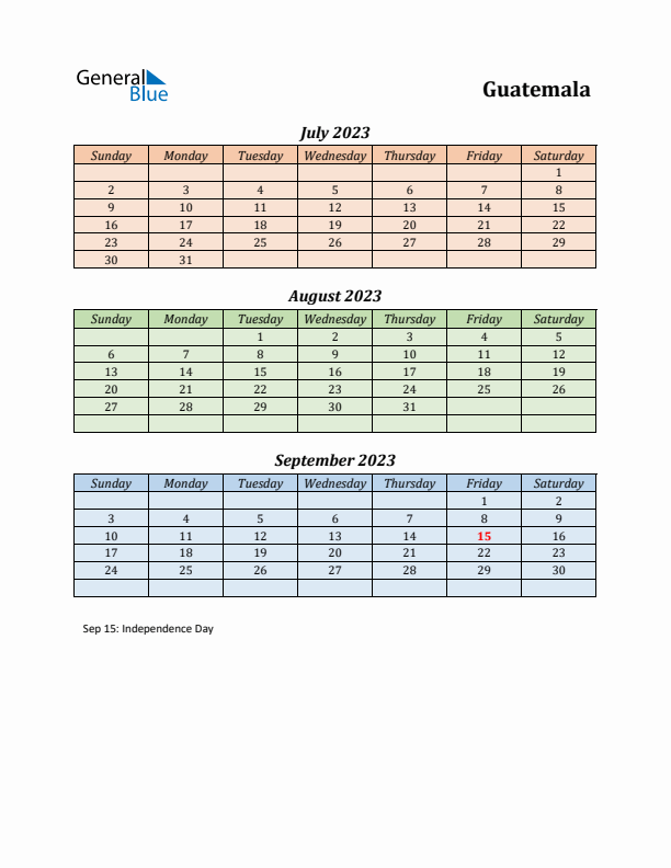 Q3 2023 Holiday Calendar - Guatemala