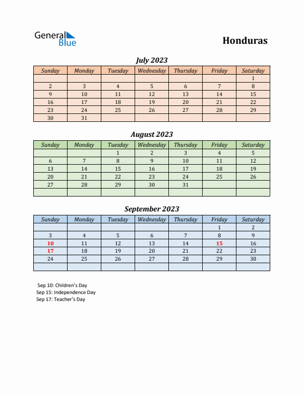 Q3 2023 Holiday Calendar - Honduras