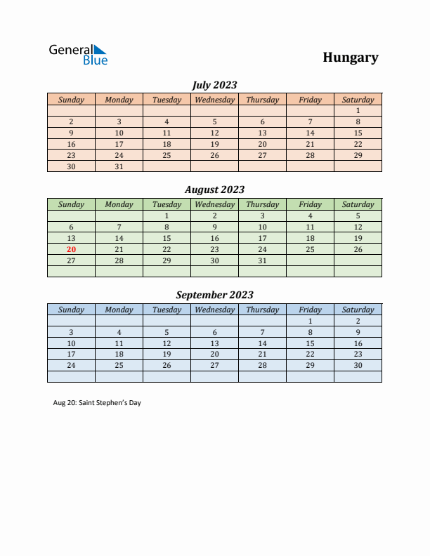 Q3 2023 Holiday Calendar - Hungary