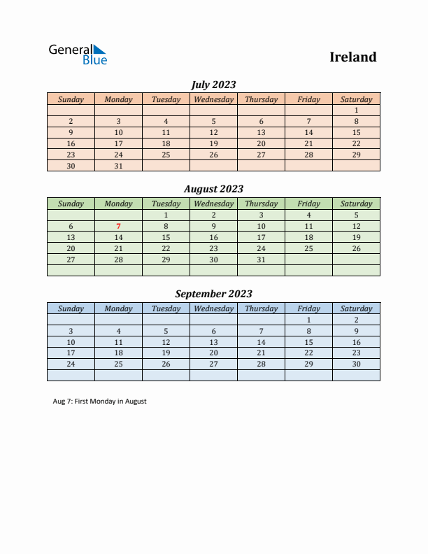 Q3 2023 Holiday Calendar - Ireland