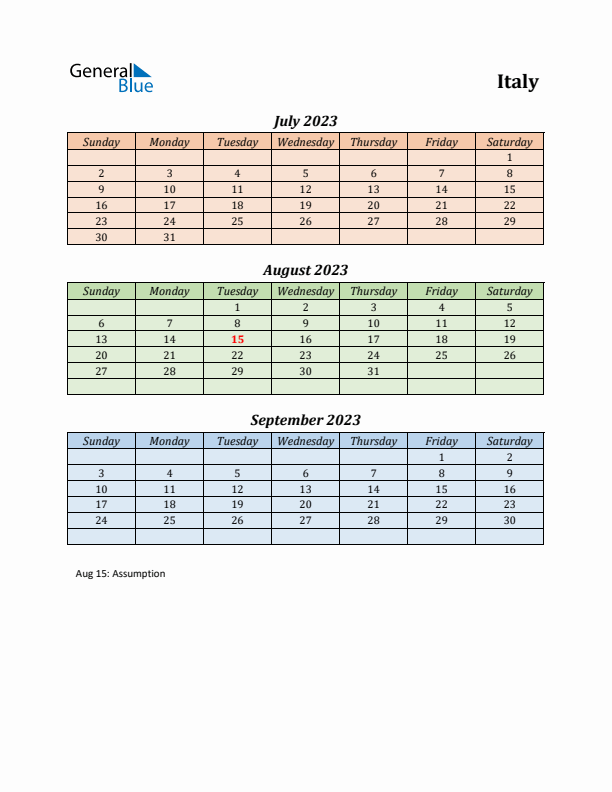 Q3 2023 Holiday Calendar - Italy