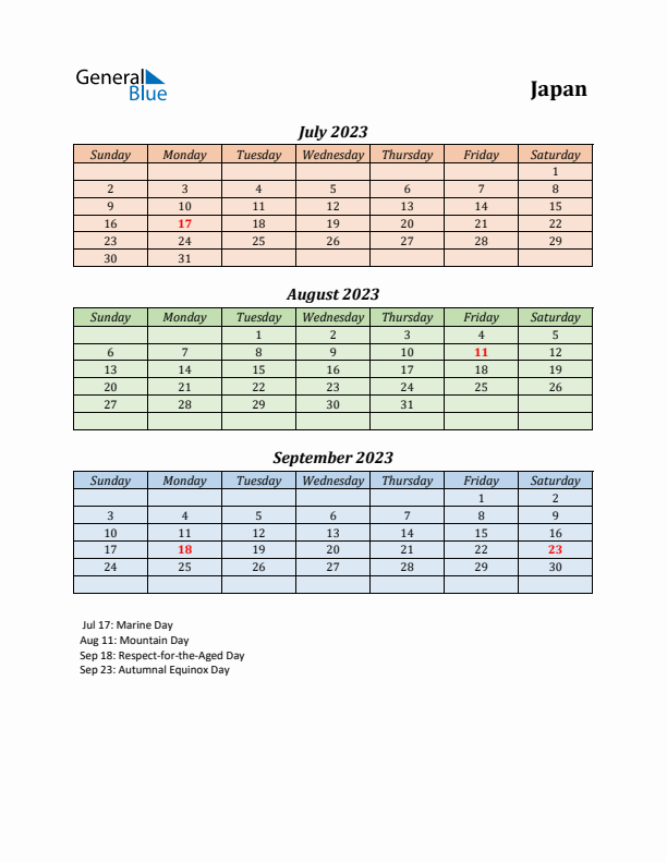 Q3 2023 Holiday Calendar - Japan