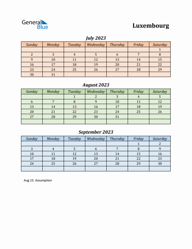 Q3 2023 Holiday Calendar - Luxembourg