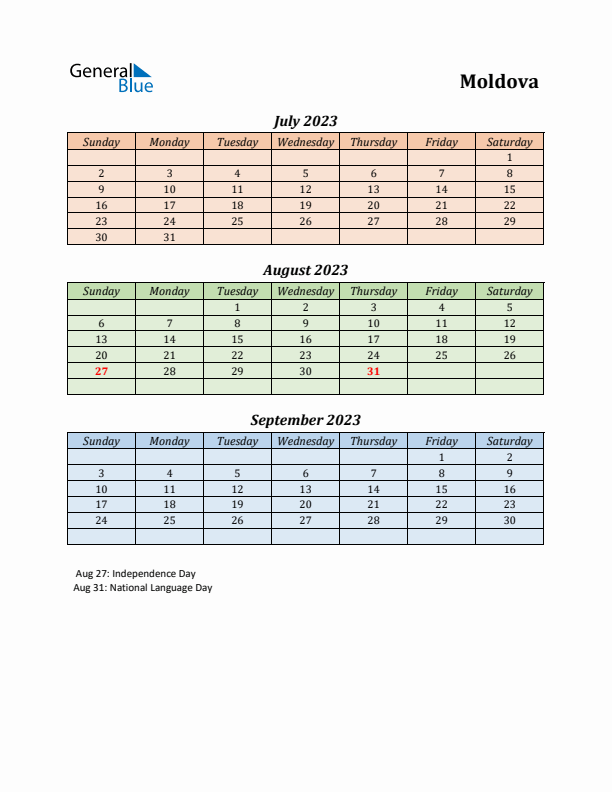 Q3 2023 Holiday Calendar - Moldova