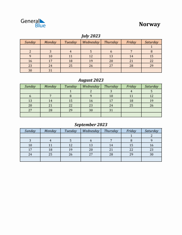 Q3 2023 Holiday Calendar - Norway