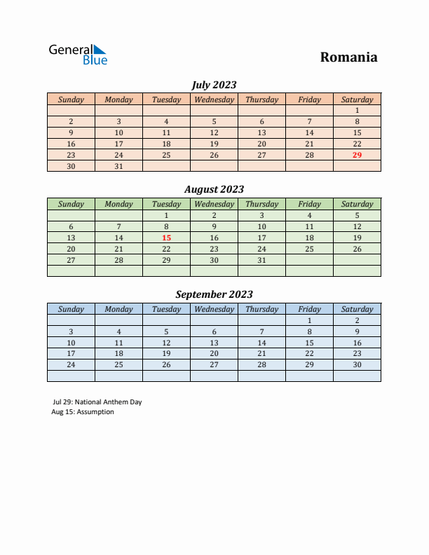 Q3 2023 Holiday Calendar - Romania